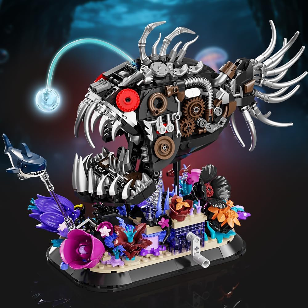 Lámpara Juego de construcción de peces mecánicos, 1010 piezas, modelos de bloques de monstruos de mar profundo con base de coral, juguetes de construcción de animales oceánicos steampunk, adecuado para niños