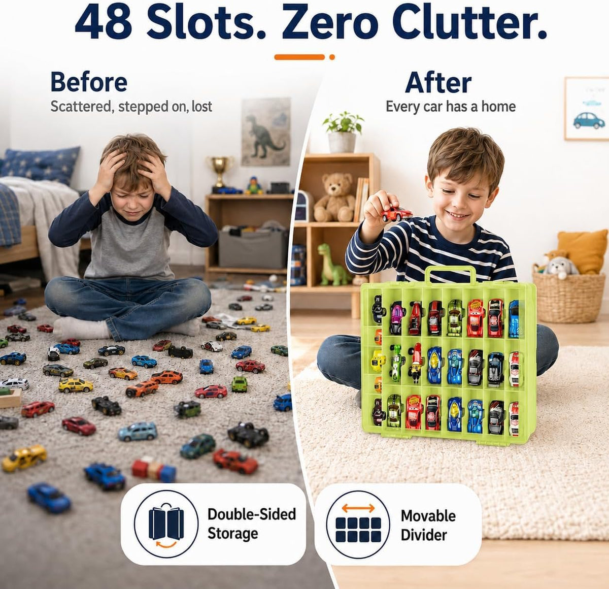Caja Organizadora de Juguetes Compatible con Autos Hot Wheels, Contenedor para Autos de Matchbox, Mini Juguetes, Muñecas Pequeñas, Caja de Transporte Doble Cara para Hotwheels - 48