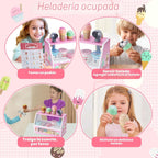 Juego de mesa de madera para contador de helados para niñas pequeñas, tienda de juegos, juguete de simulación, accesorios de cocina con dinero y moneda falsos, regalos de cumpleaños de Navidad para niños de 3 años en adelante (rosa)