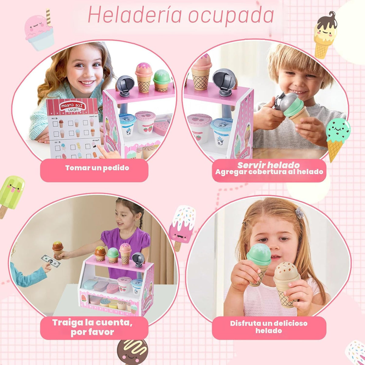 Juego de mesa de madera para contador de helados para niñas pequeñas, tienda de juegos, juguete de simulación, accesorios de cocina con dinero y moneda falsos, regalos de cumpleaños de Navidad para niños de 3 años en adelante (rosa)