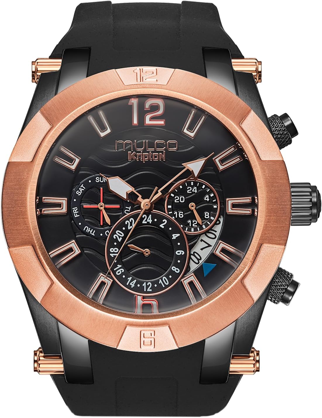MULCO Relojes para Hombre – Kripton Royale – Caja de acero inoxidable de 46mm, esfera negra con correa de silicona, movimiento de cuarzo multifunción día y fecha, pantalla analógica, acentos en oro