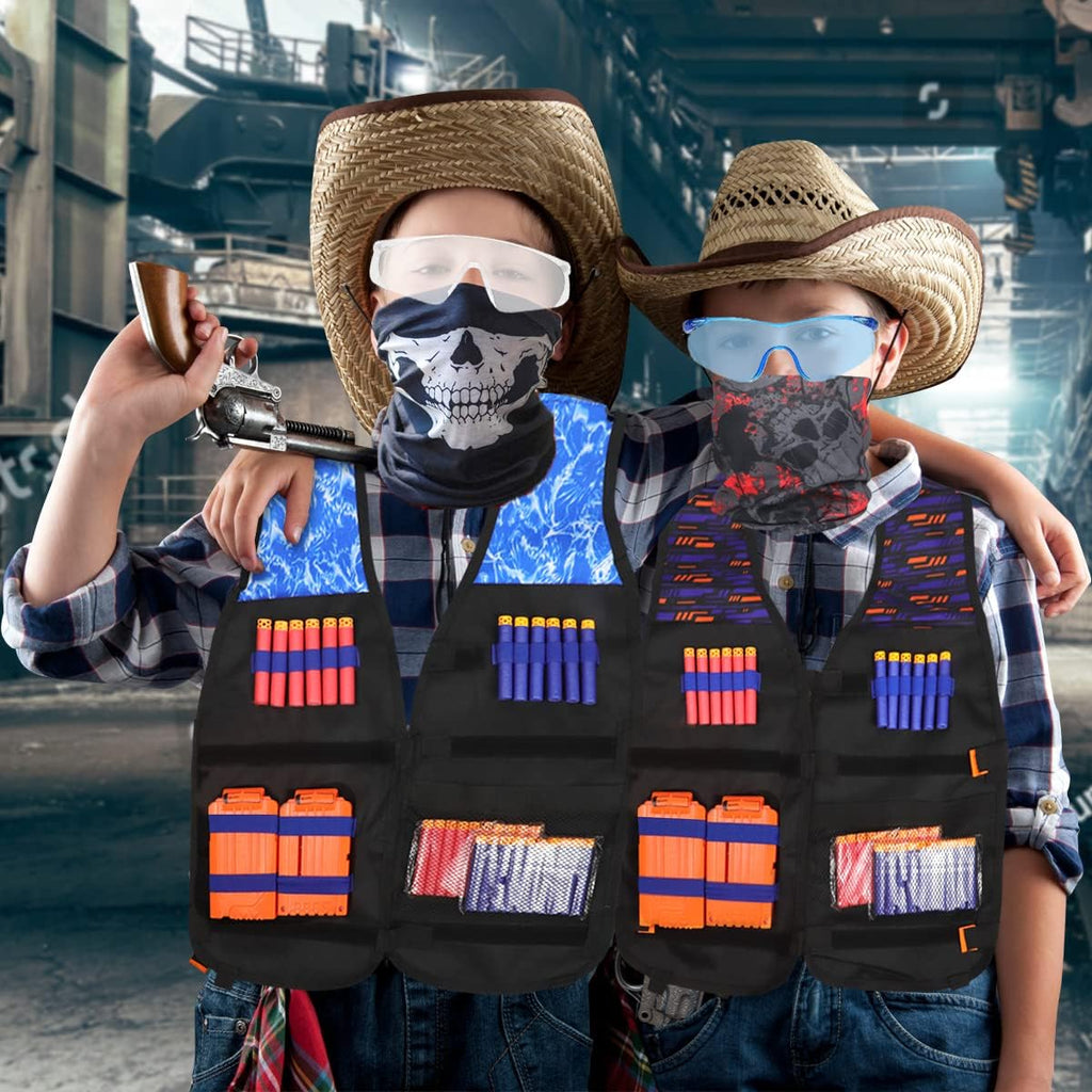 2 juegos de chaleco táctico Exsport, 2 chaquetas tácticas de élite para pistola Pack N-Strike 2 manos de muñeca, 2 clips de recarga rápida, 2 anteojos de protección y 2 máscaras para niños
