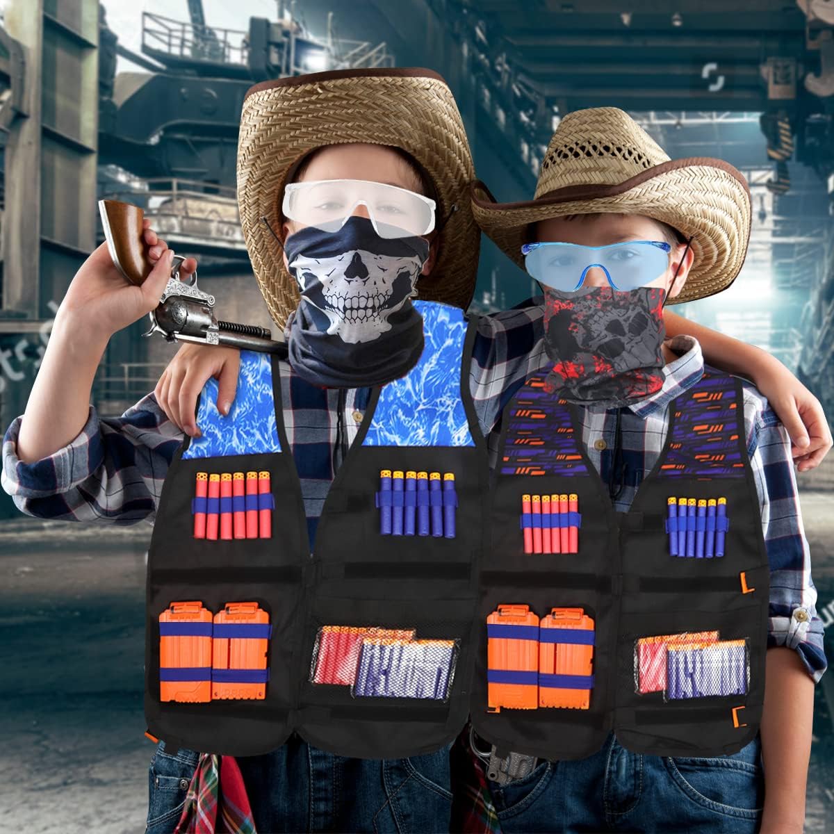 2 juegos de chaleco táctico Exsport, 2 chaquetas tácticas de élite para pistola Pack N-Strike 2 manos de muñeca, 2 clips de recarga rápida, 2 anteojos de protección y 2 máscaras para niños