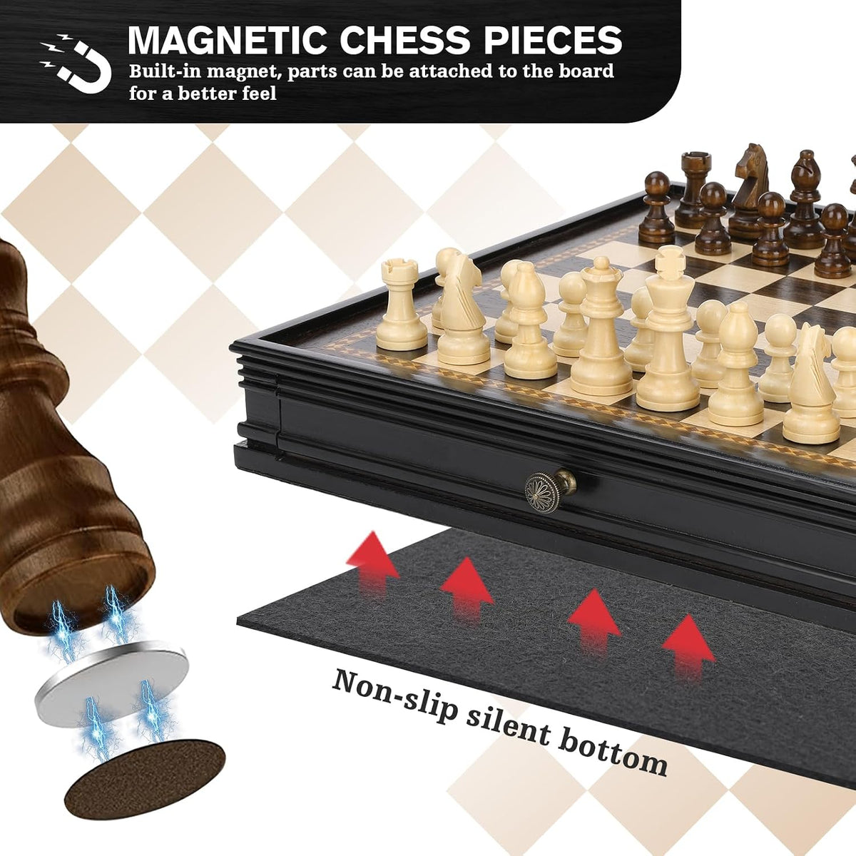 Peradix - Juego de ajedrez magnético y damas con 2 cajones de