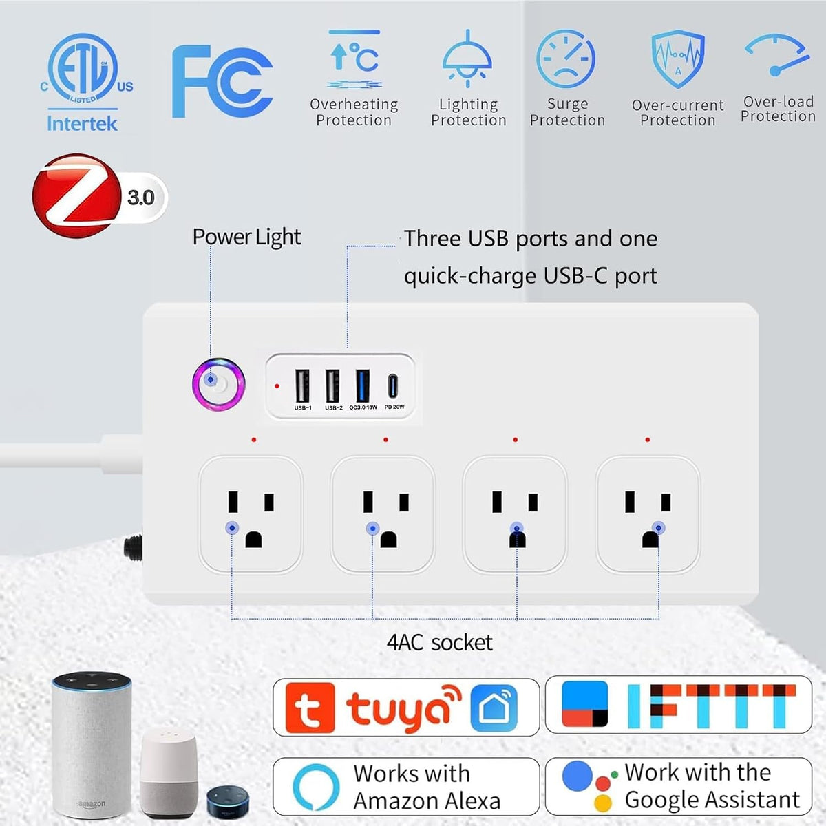 UseeLink Regleta de alimentación inteligente, USB-C PD 20W, enchufe inteligente, protector de sobretensiones con 4 salidas de CA y 4 puertos USB, cable de extensión de 5 pies, compatible con Alexa y
