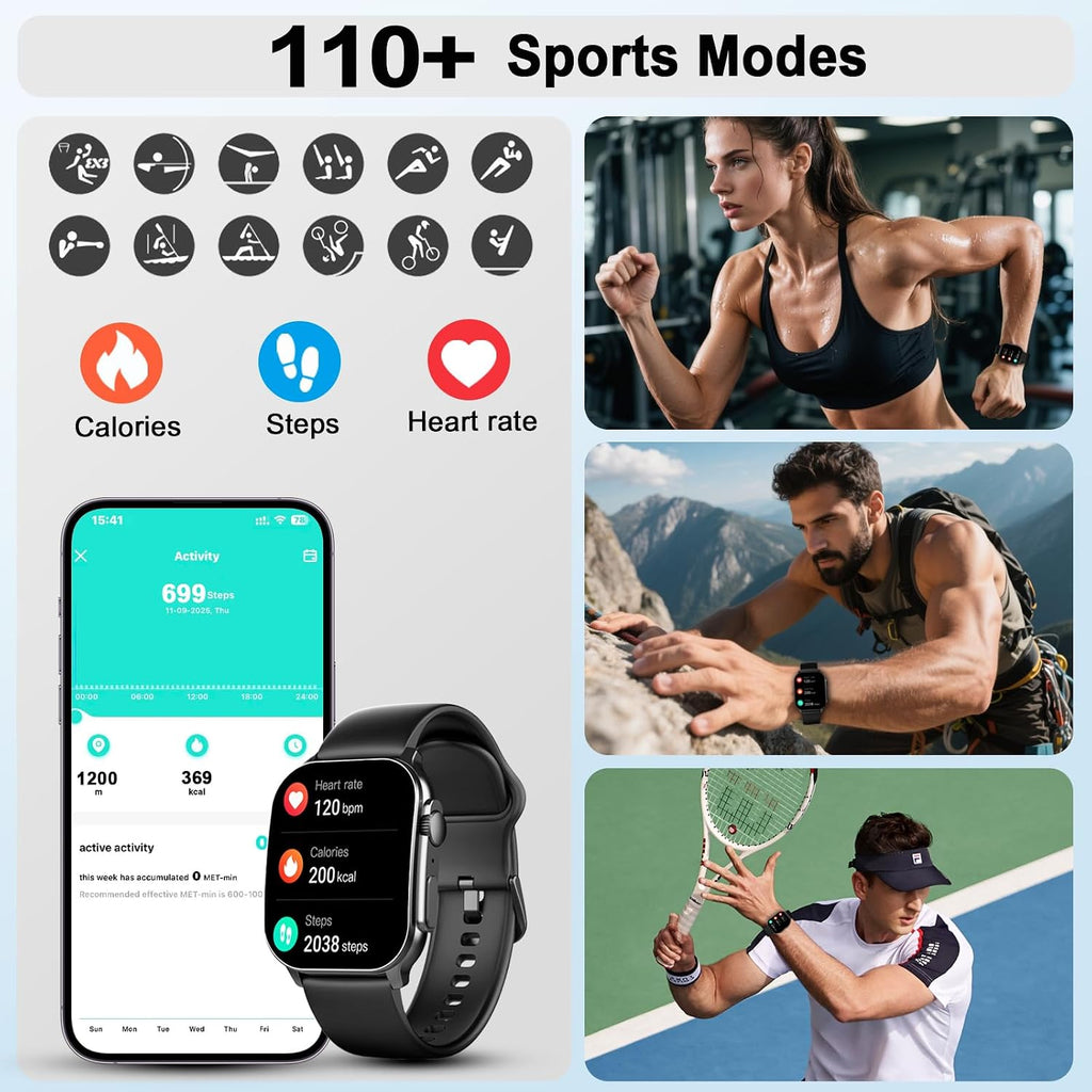 Reloj inteligente para hombre, pantalla curva AMOLED de 2.01 pulgadas, rastreador de fitness con respuesta/hacer llamadas, más de 100 modos deportivos, reloj de fitness con frecuencia cardíaca 24/7/monitor de sueño/podómetro, resistente al agua IP68, para