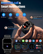 Military Smarty Watch para Hombres, Reloj Inteligente de 2.01" con Batería de 1200mAh, Linterna, Llamadas Entrantes/Salientes, Monitor de Ritmo Cardíaco/Sueño, 100+ Modos Deportivos, Fitness Tracker para Android/iPhone