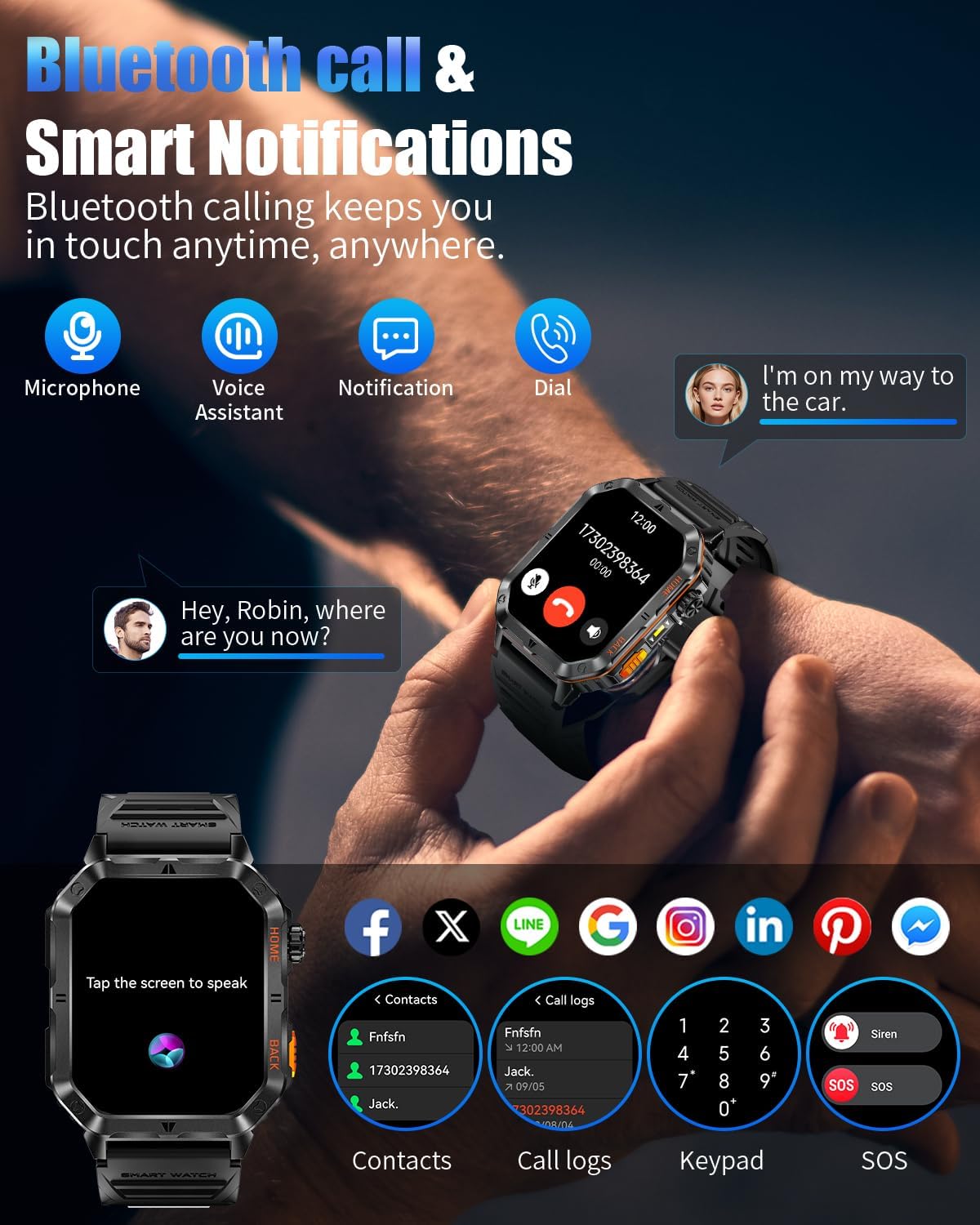 Military Smarty Watch para Hombres, Reloj Inteligente de 2.01" con Batería de 1200mAh, Linterna, Llamadas Entrantes/Salientes, Monitor de Ritmo Cardíaco/Sueño, 100+ Modos Deportivos, Fitness Tracker para Android/iPhone