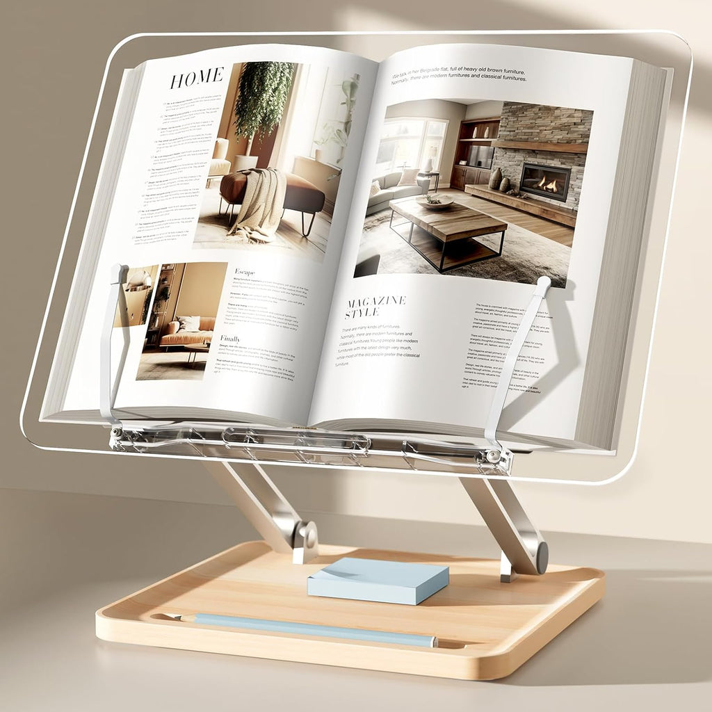 Soporte de acrílico ajustable para lectura, soporte para libros con ranura para bolígrafo, elevador de escritorio plegable para laptop, receta, libro de texto, manos libres, soporte para libros de