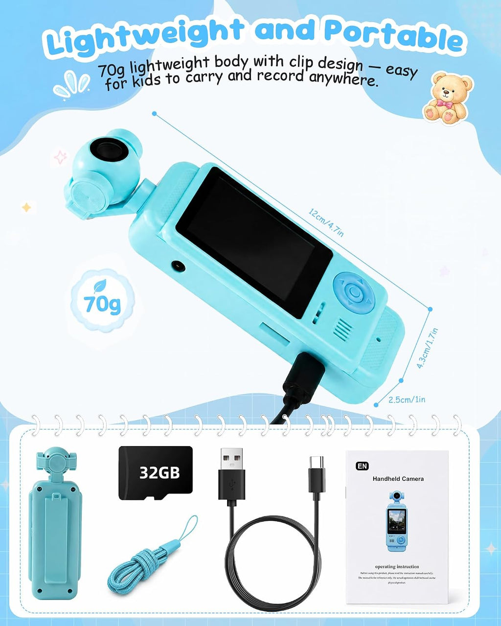 Cámara de mano para niños, cámara digital HD de 44MP 1080P para niños