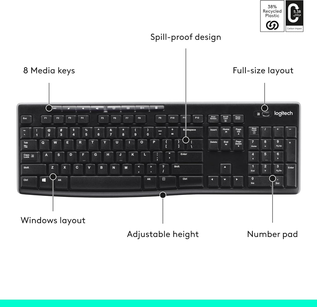 Teclado inalámbrico K270, receptor unificador USB, color negro, Negro