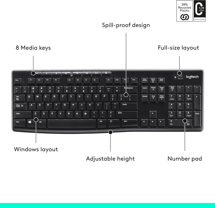 Teclado inalámbrico K270, receptor unificador USB, color negro, Negro