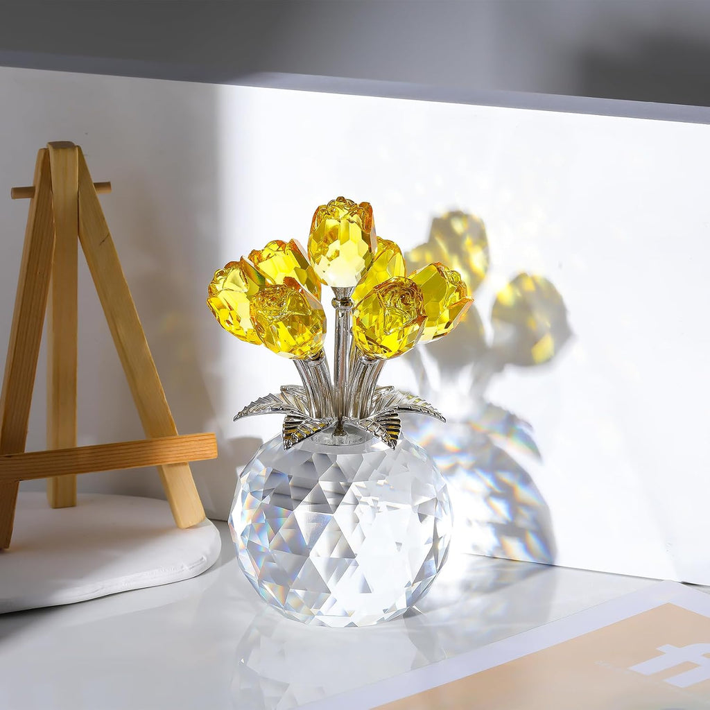 Crystal Yellow Rose Flower Figurine, Figura de flor de cristal