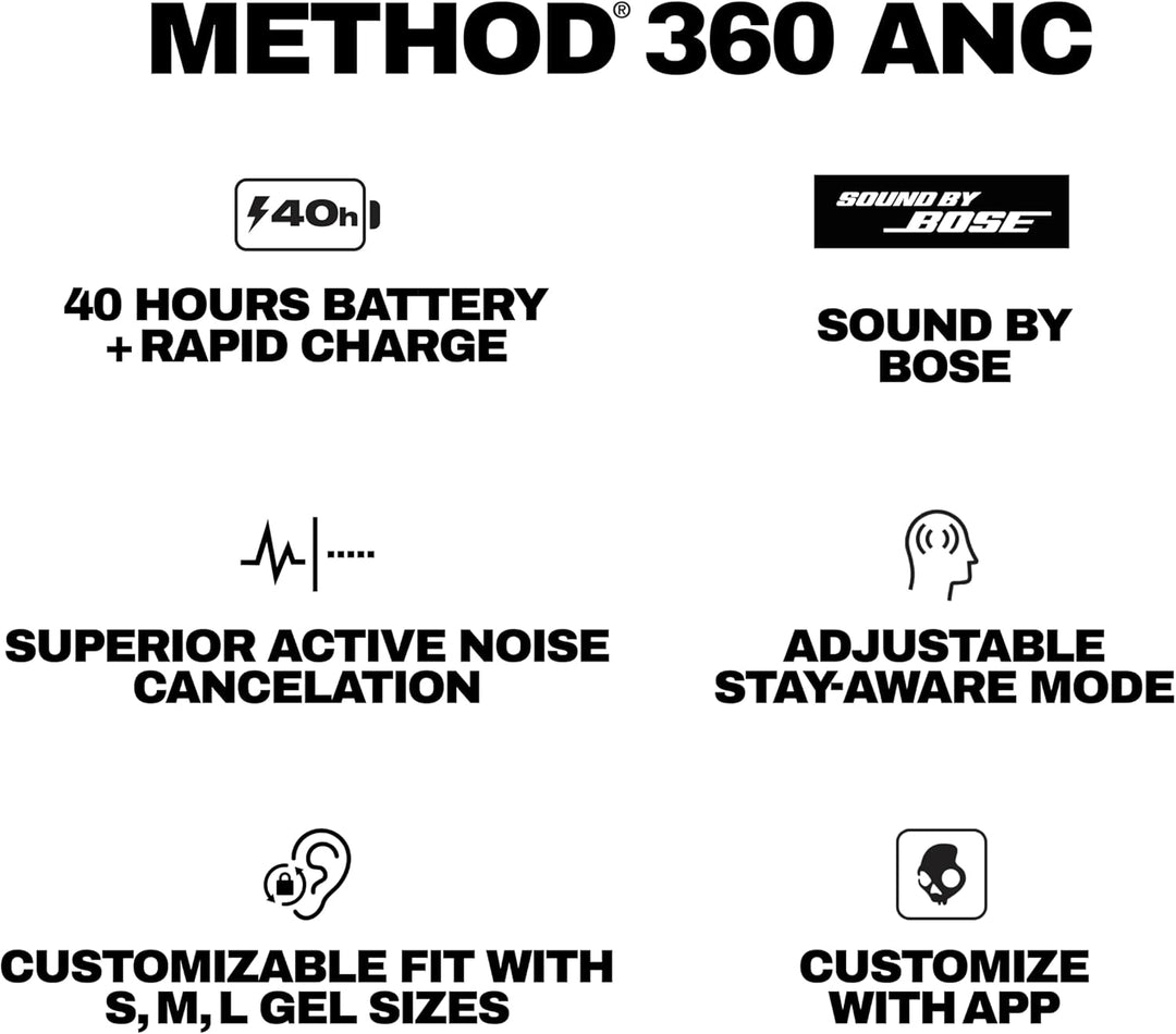 Skullcandy Method 360 ANC - Auriculares inalámbricos, sonido de Bos...