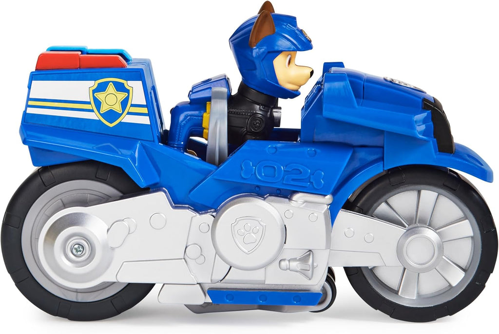 Paw Patrol, Moto Pups Deluxe de Chase, vehículo de motocicleta de tracción que hace piruetas y figura de juguete
