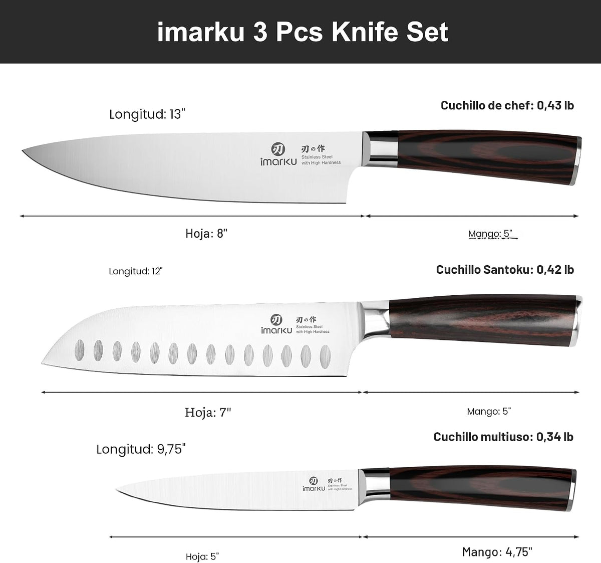 imarku Juego de cuchillos de 3 piezas, cuchillos de chef japoneses de acero