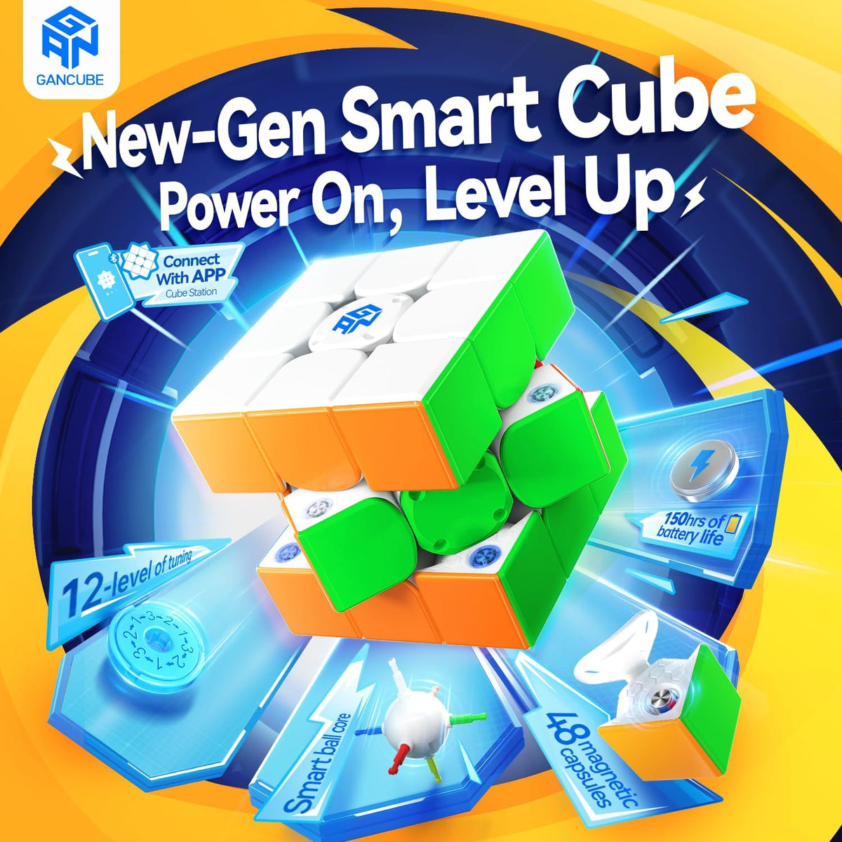 GAN 356 i Carry E, Cubo de Velocidad Inteligente 3x3 Magnético Conectado Electrónico Bluetooth para Niños y Adultos con Temporizador, Seguimiento de Movimiento y Pasos con Aplicación, Competencia en