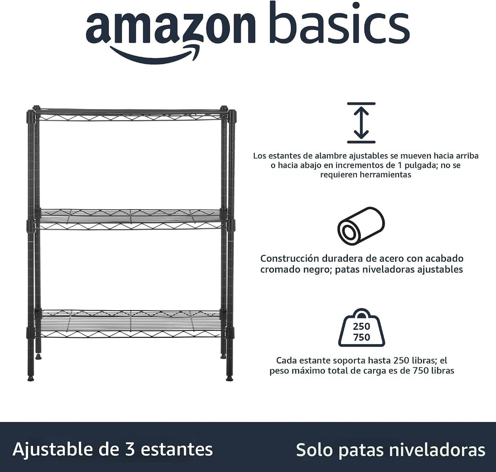 Amazon Basics 3-estante ajustable, unidad de almacenamiento de alta resistencia (capacidad de carga de 250 lbs por estante), rack de alambre organizador de acero, negro (23.3L x 13.4W x 30H)