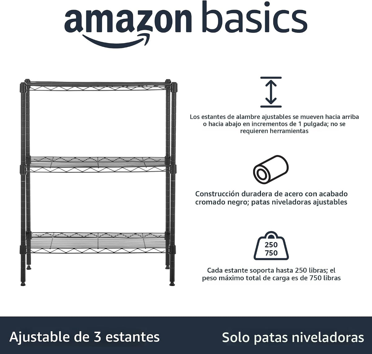 Amazon Basics 3-estante ajustable, unidad de almacenamiento de alta resistencia (capacidad de carga de 250 lbs por estante), rack de alambre organizador de acero, negro (23.3L x 13.4W x 30H)