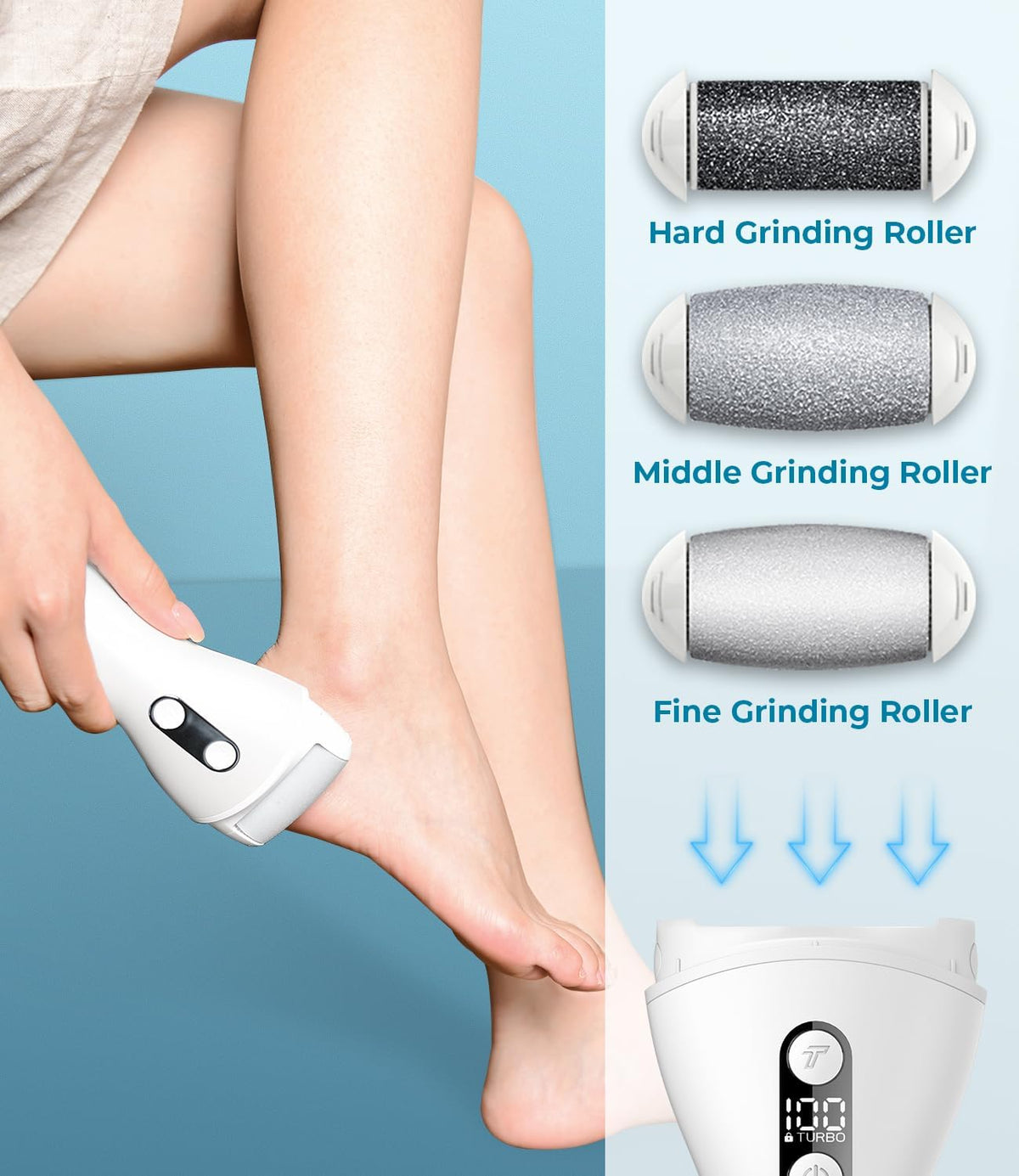 PRITECH - Removedor eléctrico de callos para pies, kit de herramientas de pedicura electrónica recargable para eliminación de callos, limpiador eléctrico impermeable para pies con 3 rodillos de