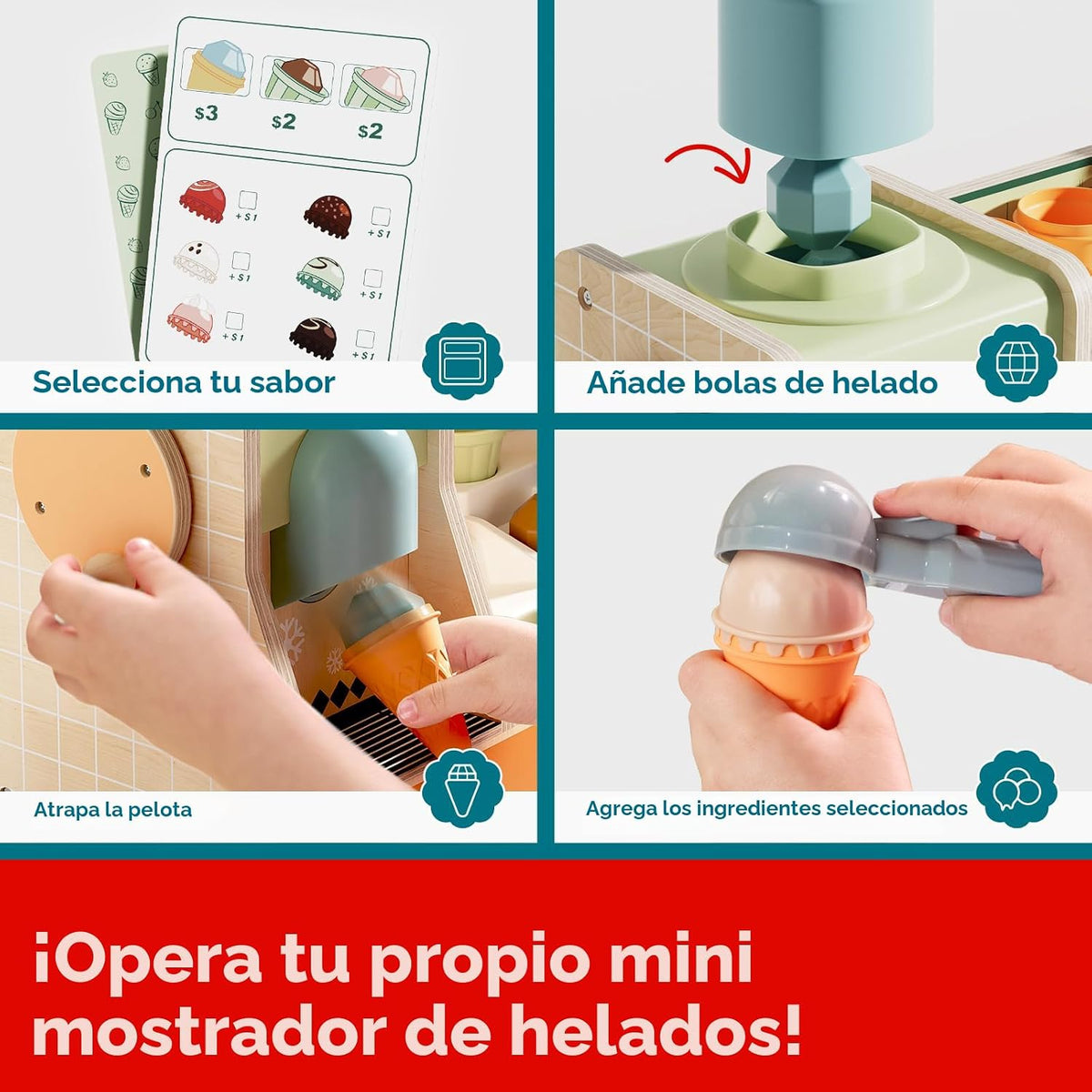 TOP BRIGHT Juguetes de Madera para Juego de Simulación de Helados, Set de Cocina para Niños con Mostrador de Helados, Cuchara y Menú, Juguetes Montessori para Niños y Niñas Regalo Capybara Edad 3+