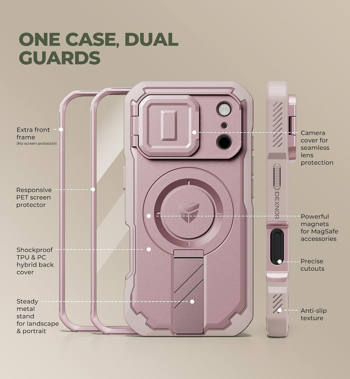 Dexnor Funda para teléfono Pro 2026/2025, [2 marcos frontales, funda para cámara abatible integrada y soporte integrados], compatible con MagSafe, funda resistente a prueba de golpes con protector de