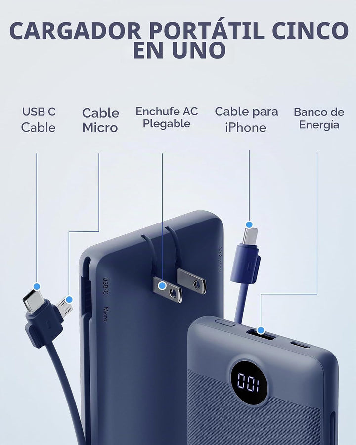 VRURC Cargador portátil con cables integrados y enchufe de pared de...