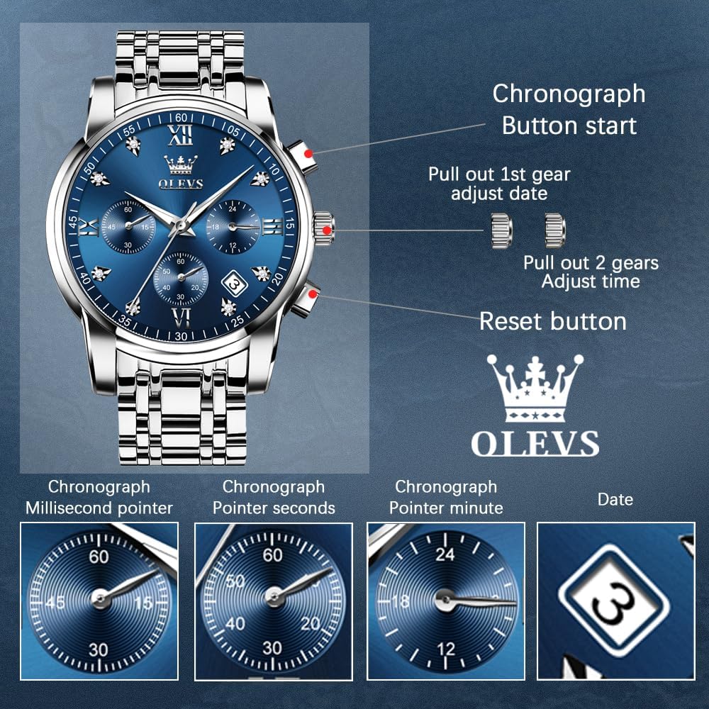 OLEVS Relojes de Oro para Hombres Reloj de Pulsera de Lujo a Prueba de Agua Gran Cara Elegante Acero Inoxidable Analógico Cuarzo Fecha Cronógrafo Luminoso Lectura Fácil Relojes de Negocios Regalos para Hombres Graduación