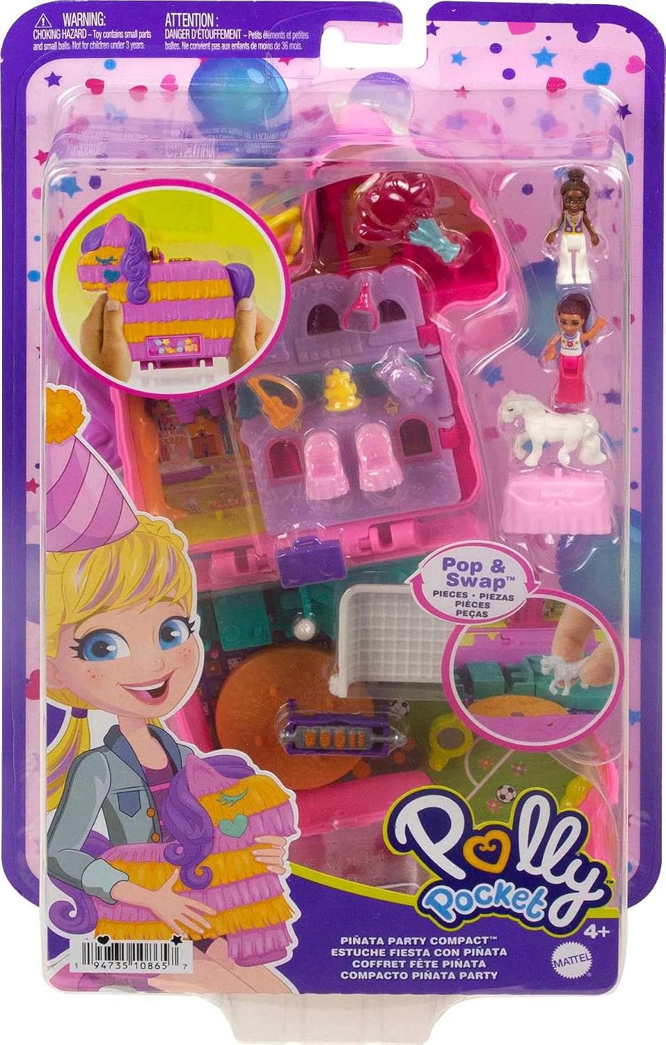Polly Pocket Juego compacto, fiesta de piñata con 2 micro muñecas y accesorios, juguetes de viaje con revelaciones sorpresa