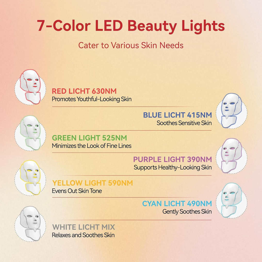 BeaRay Terapia de luz con máscara facial LED, 7 colores para vitali...