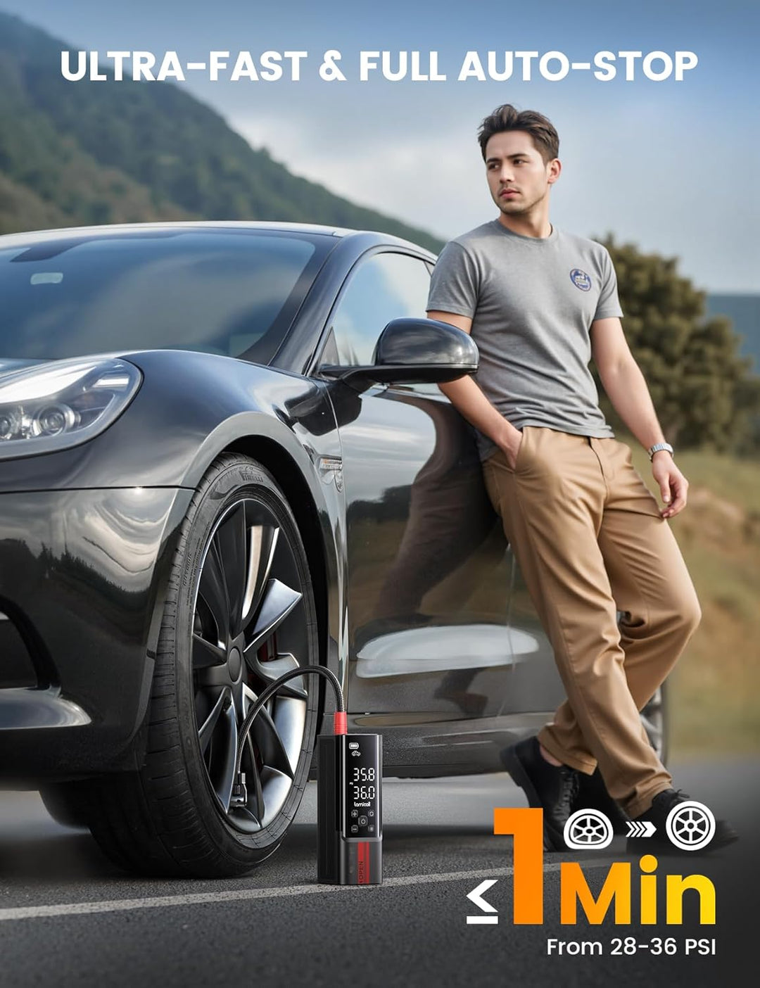 Lamicall Inflador portátil de neumáticos de automóvil, compresor de...