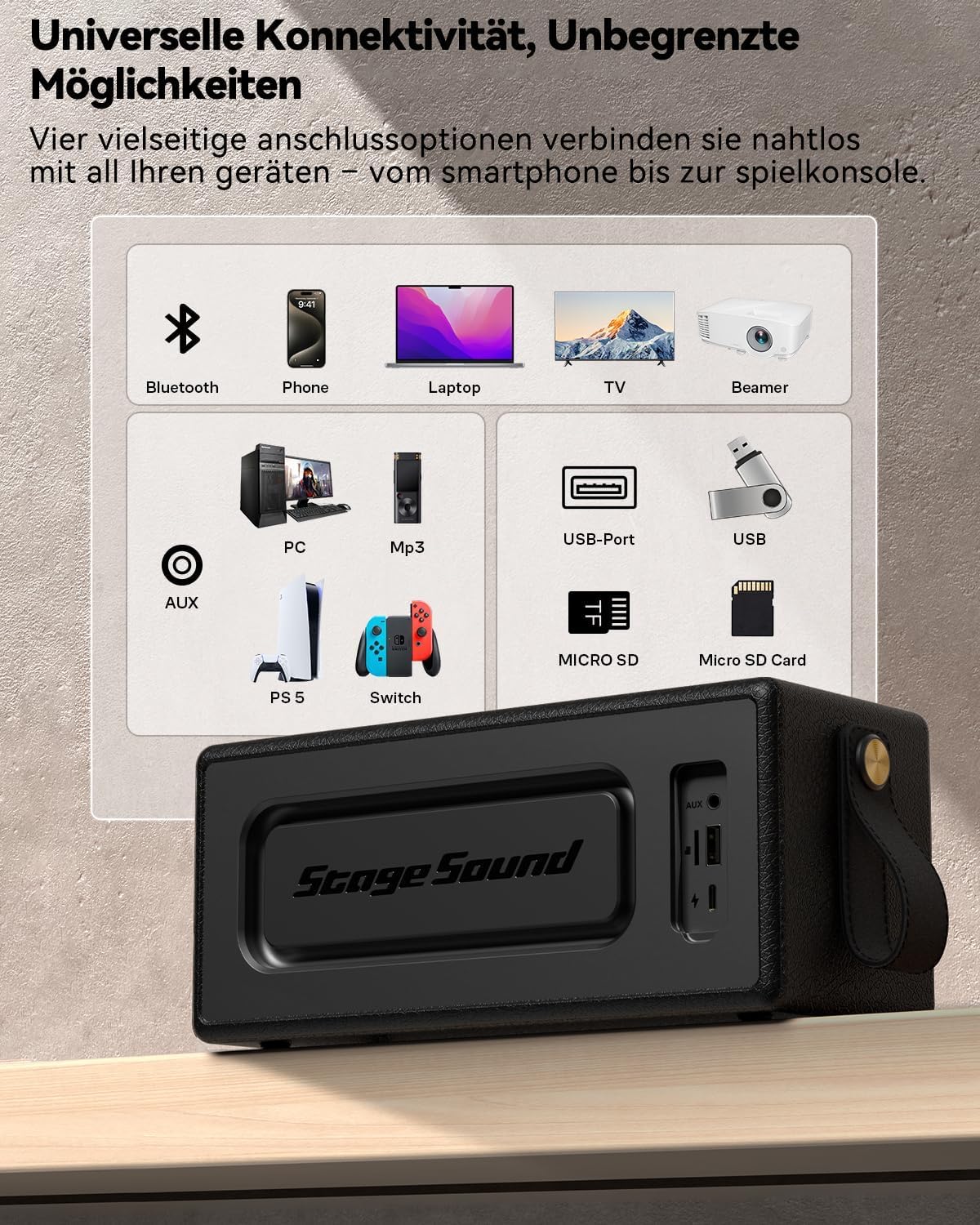Altavoz Bluetooth, altavoz retro StageSound inalámbrico, altavoz po...