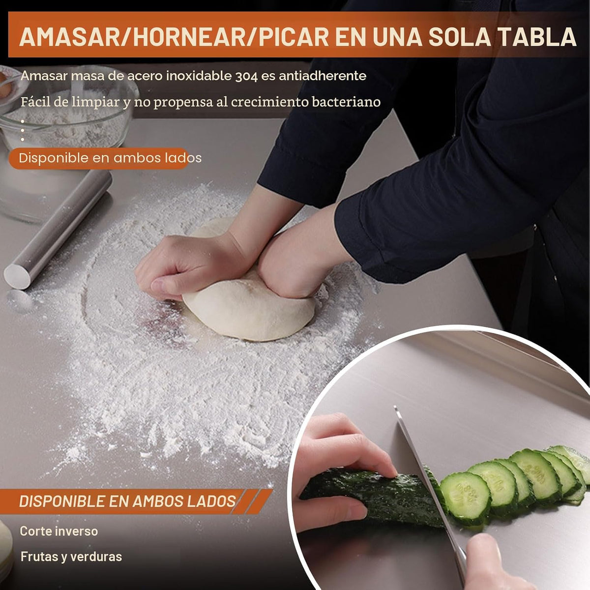 Tablas de cortar de acero inoxidable para cocina, tablas de cortar de acero inoxidable 304 con borde y almohadilla antideslizante de silicona para cortar carnes y frutas en la encimera, fáciles de