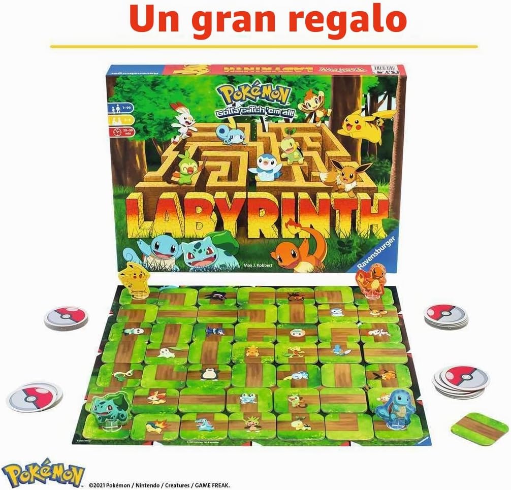 Ravensburger Labyrinth Pokemon - Juego de mesa – Una aventura estratégica de laberinto para noches familiares y fiestas de Pokémon – Incluye Pikachu, Bulbasaur y más – Gran regalo de cumpleaños para niños a partir de 7 años
