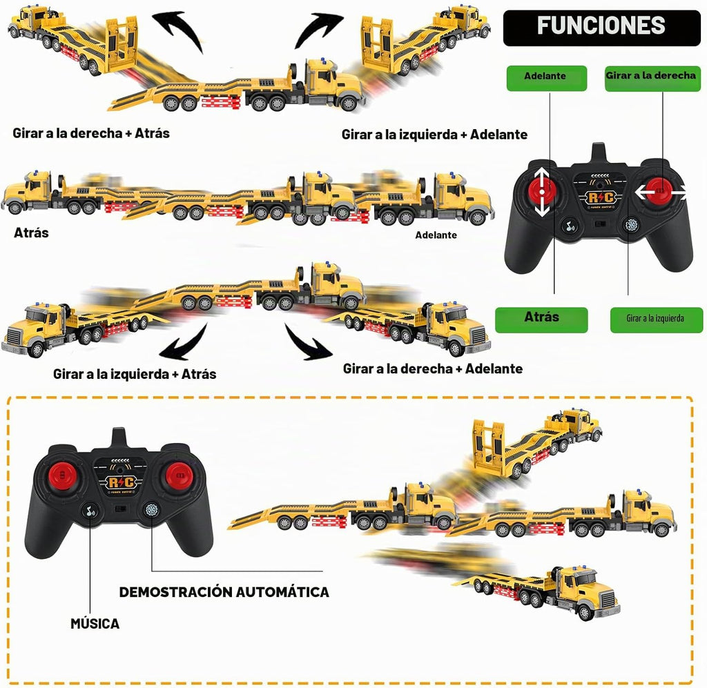 Semirremolque RC con juego de juguetes de excavadora, tractor de ingeniería de semirremolque RC de 24 pulgadas con excavadora, camión 1:24 con luces LED y música, gran regalo para niños y niñas