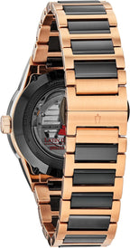 Bulova Latin Grammy Modern Millenia - Reloj automático de acero inoxidable en dos tonos, abertura de latido abierto, parte trasera de caja de exhibición, esfera negra, (Modelo: 98A236)