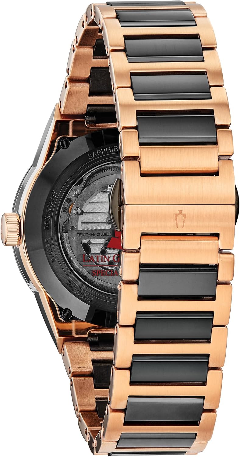 Bulova Latin Grammy Modern Millenia - Reloj automático de acero inoxidable en dos tonos, abertura de latido abierto, parte trasera de caja de exhibición, esfera negra, (Modelo: 98A236)