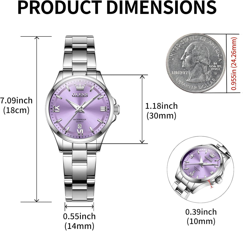 OLEVS Reloj para Mujer Plateado de Acero Inoxidable Elegante Analógico Lúmenes Visibles