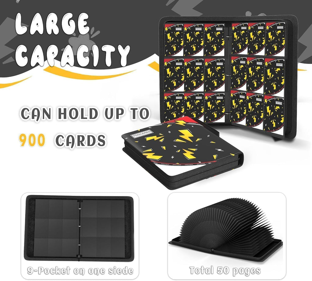 Carpeta de 9 bolsillos, carpeta de tarjetas, 900 bolsillos, tarjetero con 50 fundas extraíbles, diseño de cremallera de 3 anillas, álbumes coleccionables MTG/TCG/Sport para niños y niñas (negro)