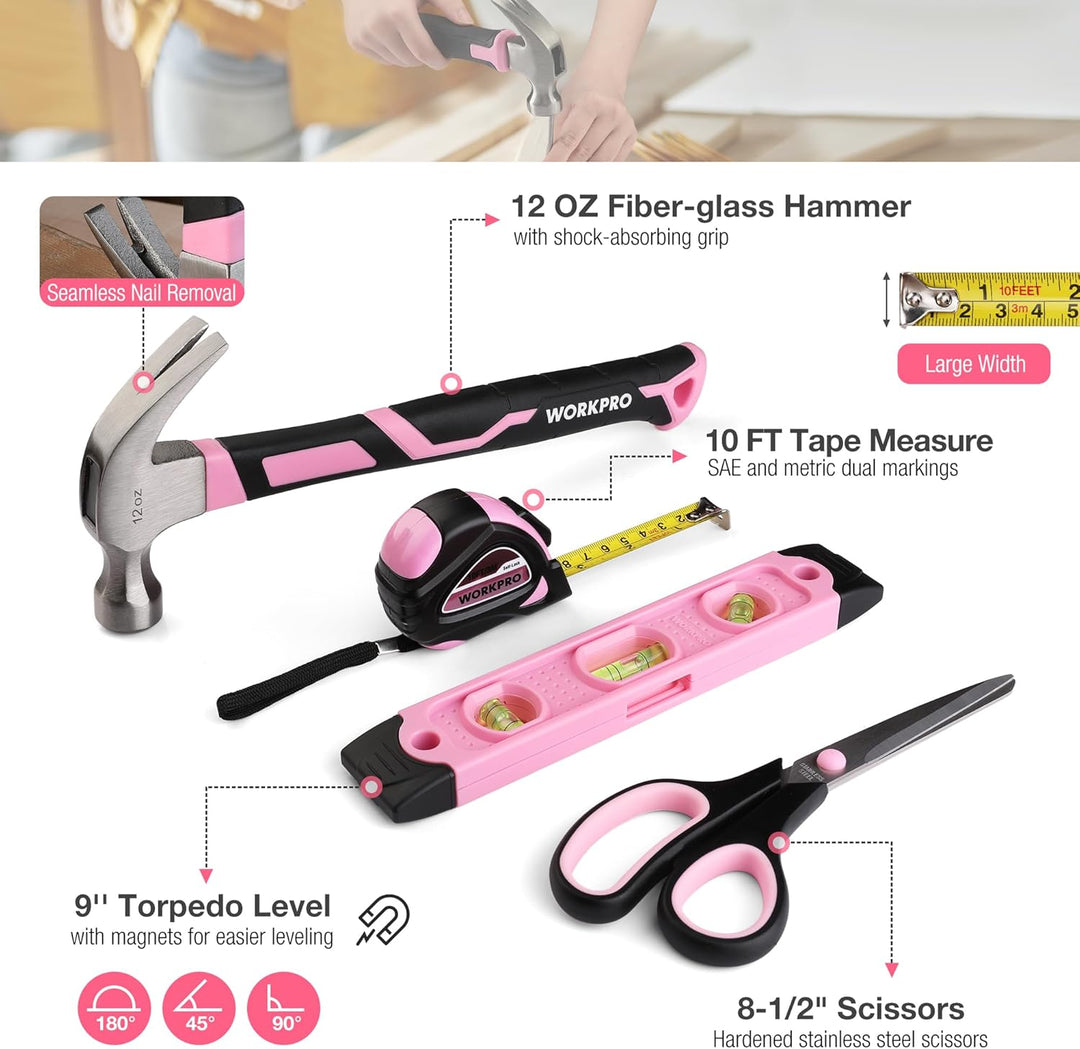WORKPRO Juego de herramientas rosa, kit de herramientas de 258 piez...