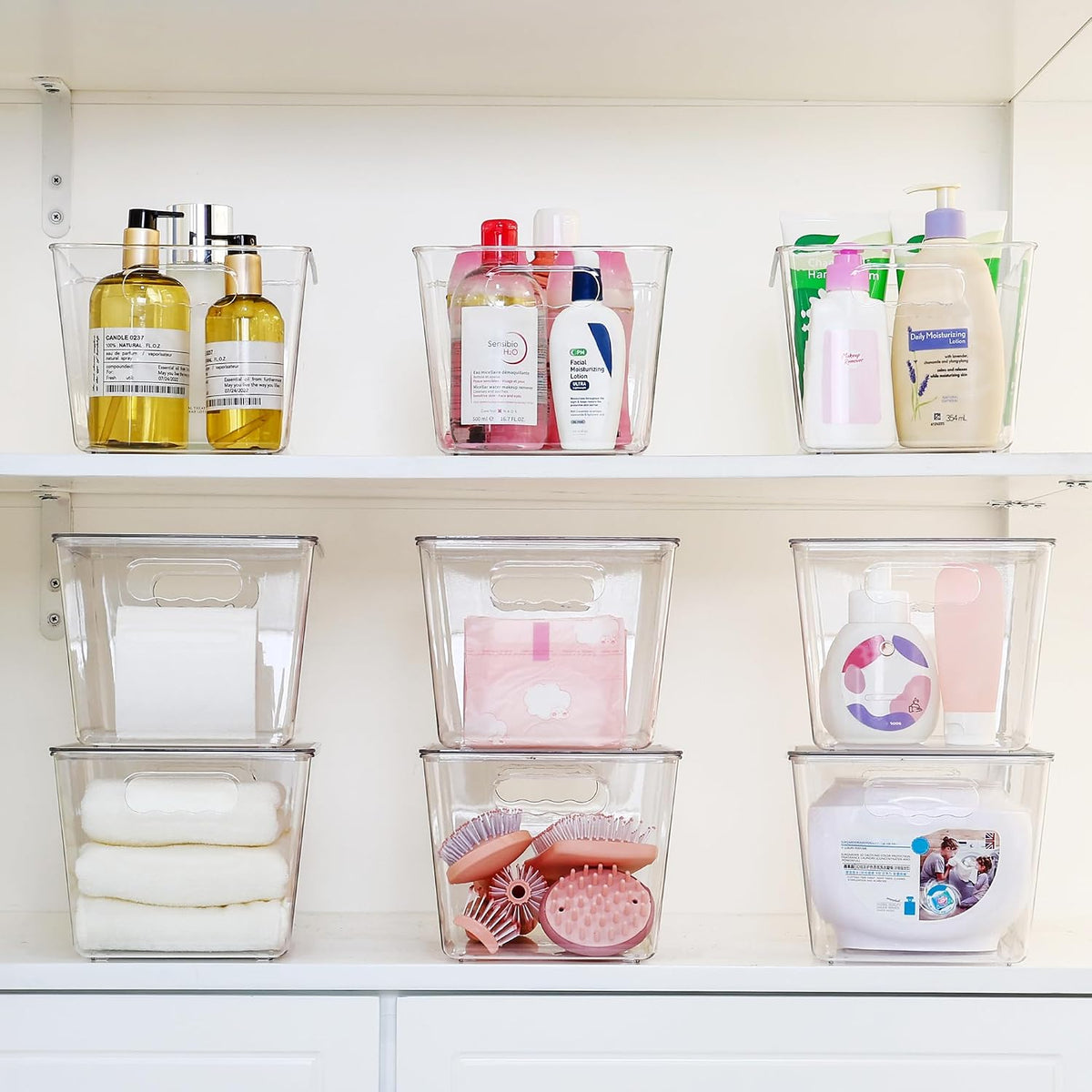Vtopmart - 6 unidades de contenedores de almacenamiento apilables transparentes con tapas, contenedores de plástico grandes con asa para organizador de despensa y almacenamiento, perfectos para baño