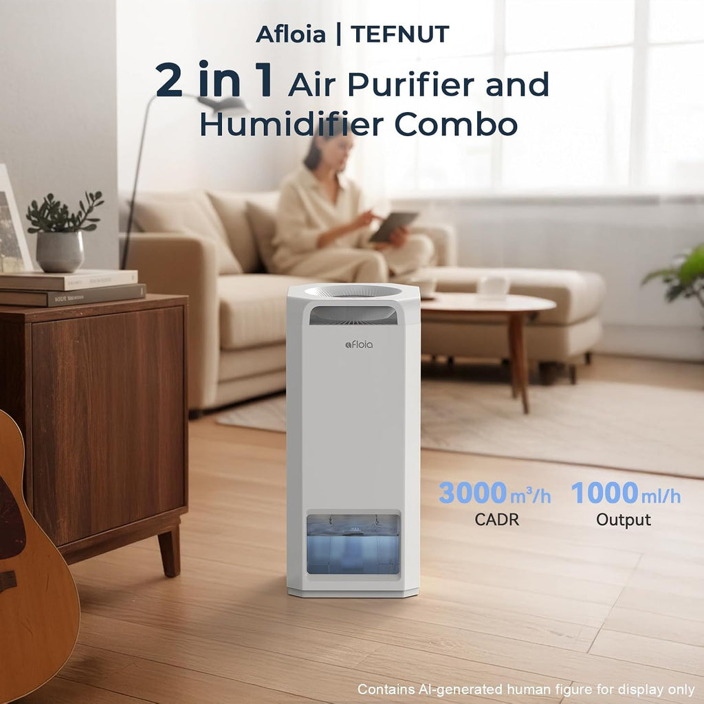 Afloia Purificador de aire y humidificador combinado en uno - Neblina fría evaporativa para el hogar, dormitorio, habitación grande de hasta 3000 pies², con sensor de humedad y calidad del aire