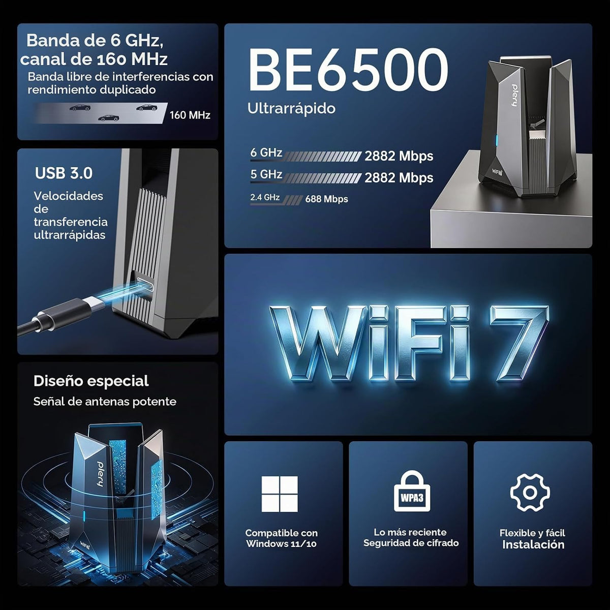 Adaptador USB WiFi 7 para PC de escritorio, BE6500 Tri-Band (2.4G/5G)