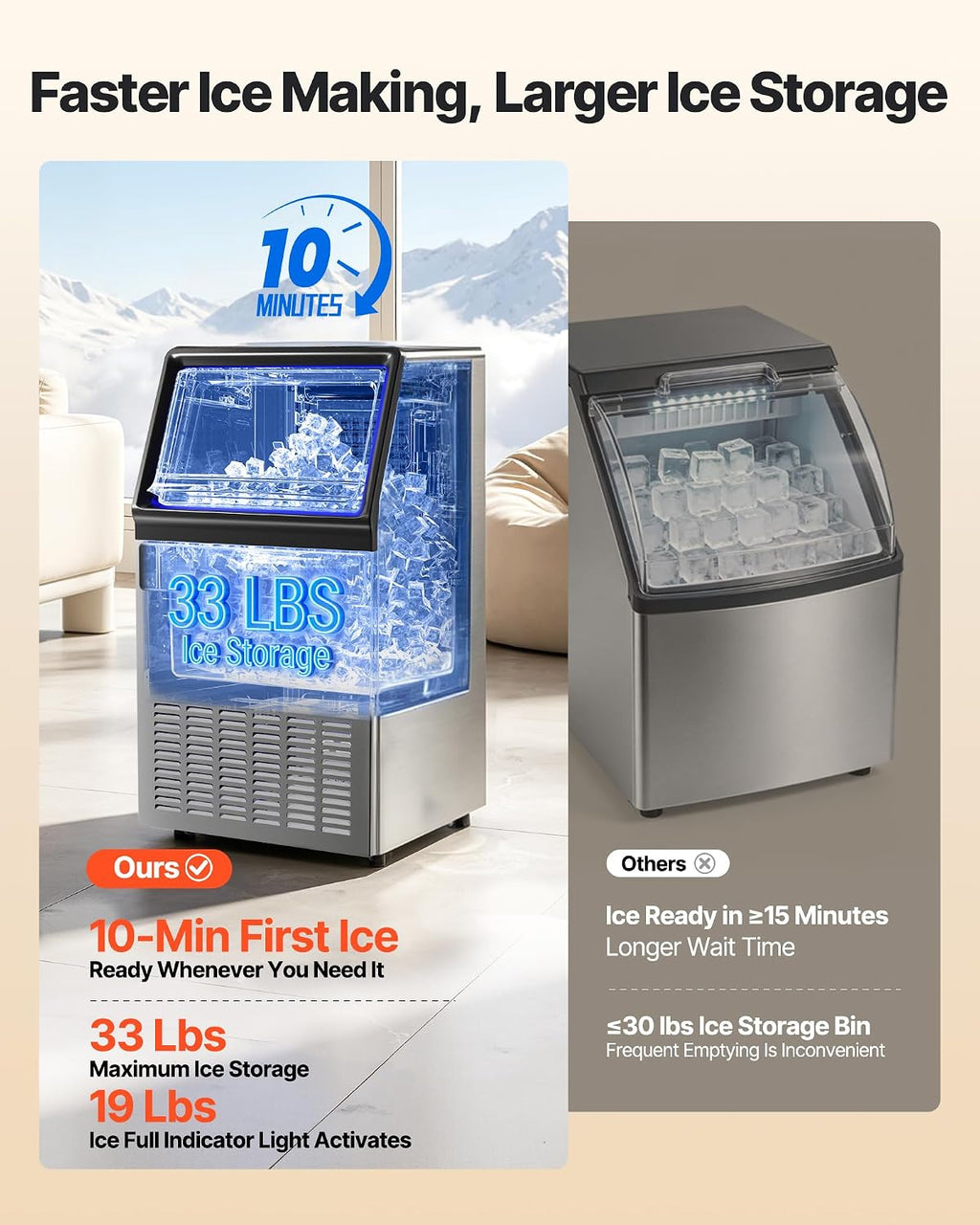 VEVOR Máquina comercial para hacer hielo, producción de hielo de 120 libras/24 horas, contenedor de almacenamiento de 19 a 33 libras, 45 cubos por ciclo, acero inoxidable debajo del mostrador y