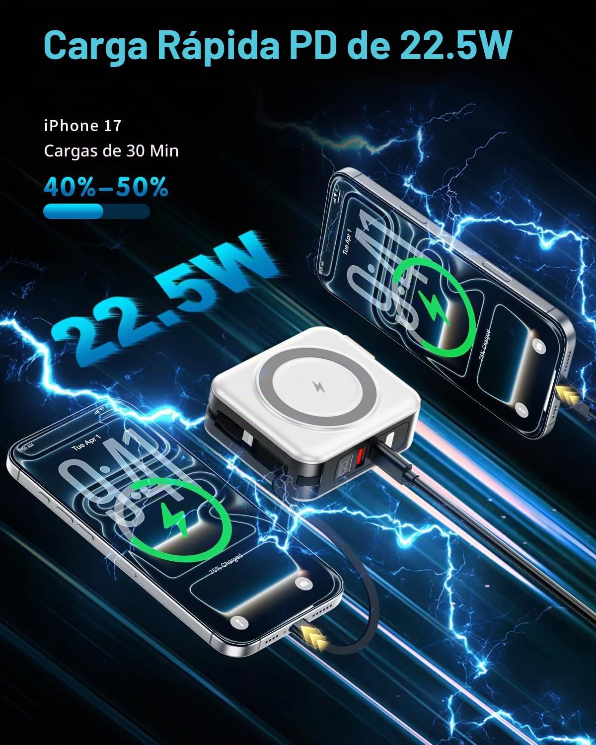 10000mAh para cargador portátil Magsafe Cables integrados y enchufe, Blanco