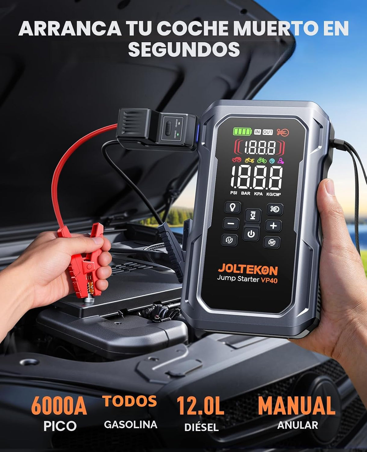 Arrancador de batería de coche 9 en 1 de 6000A 160PSI con compresor de aire y soplador de aire (todo gas 12L diesel), caja de arranque portátil para batería de automóvil con luz de 800