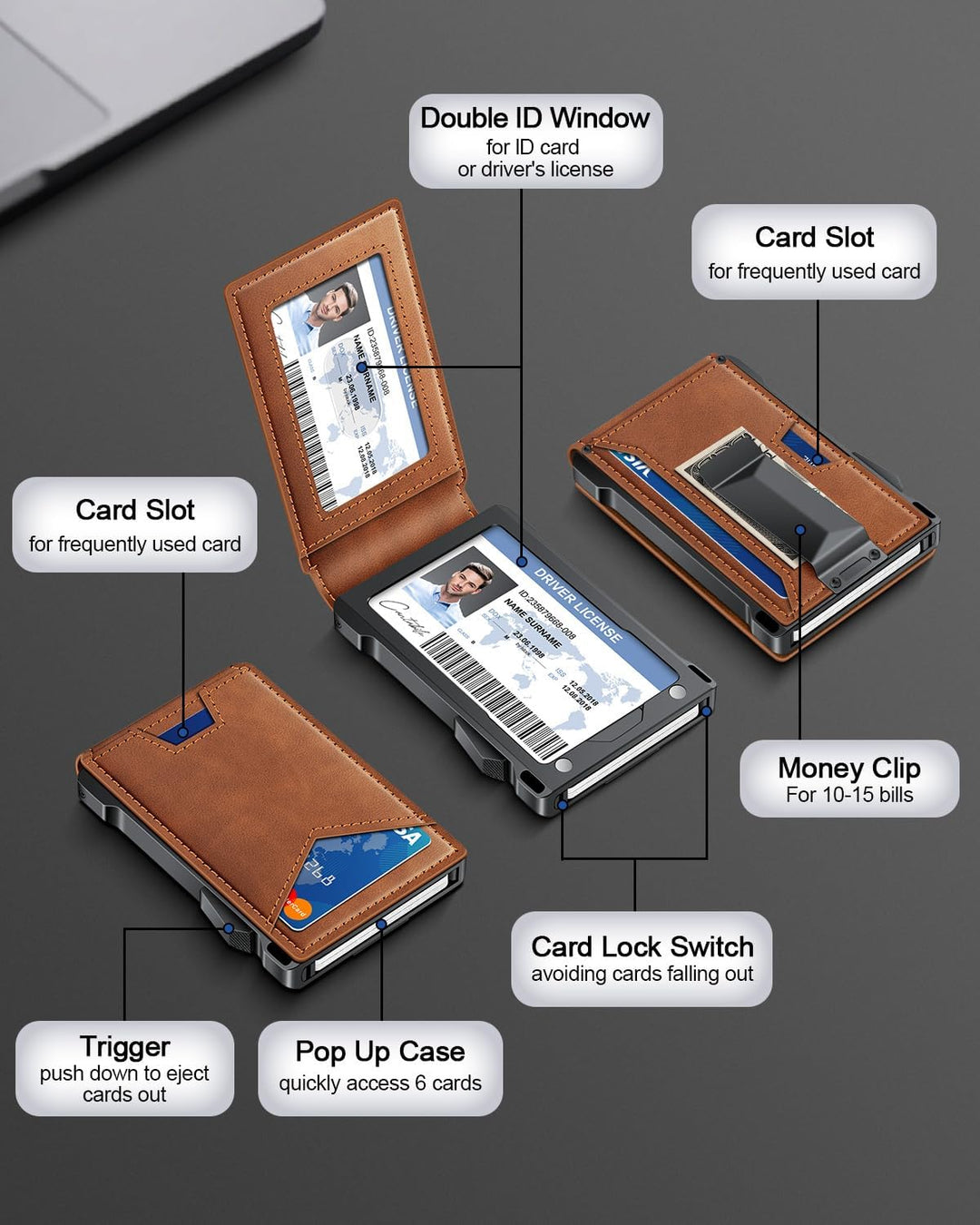 Cartera para hombres RFID con 2 ventanas de identificación y clip p...