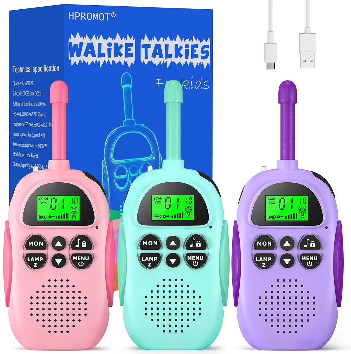 Walkie Talkies para niños recargables, paquete de 3, walkie talkies de largo alcance, radio de 22 canales y 2 vías, juguete de cumpleaños para niños de 3 a 12 años, niños y niñas, para