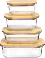 Vtopmart Recipientes de vidrio para almacenamiento de alimentos con tapas de bambú, paquete de 4 recipientes de vidrio para preparación de comidas, seguros para microondas, horno, congelador y