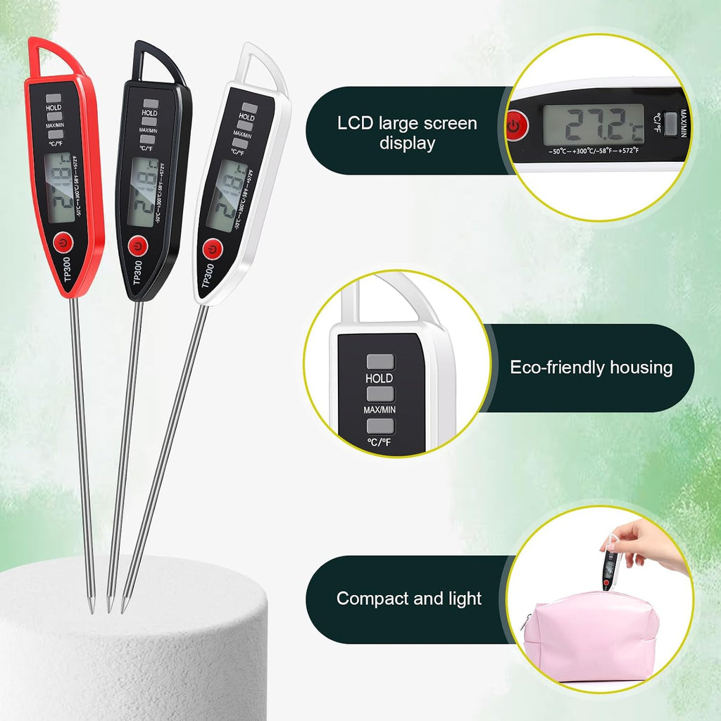 Copkim Juego de 6 Termómetros de Cocina Impermeables para Agua, Líquidos, Velas y Carne con Sonda Larga de Lectura Instantánea para Cocina, Barbacoa, Parrilla, Dulces (Negro, Blanco, Rojo)
